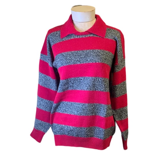Vintage 80's Fuchsia & Charcoal Preppy Sweater Made in Taiwan Republic of China - Picture 1 of 10